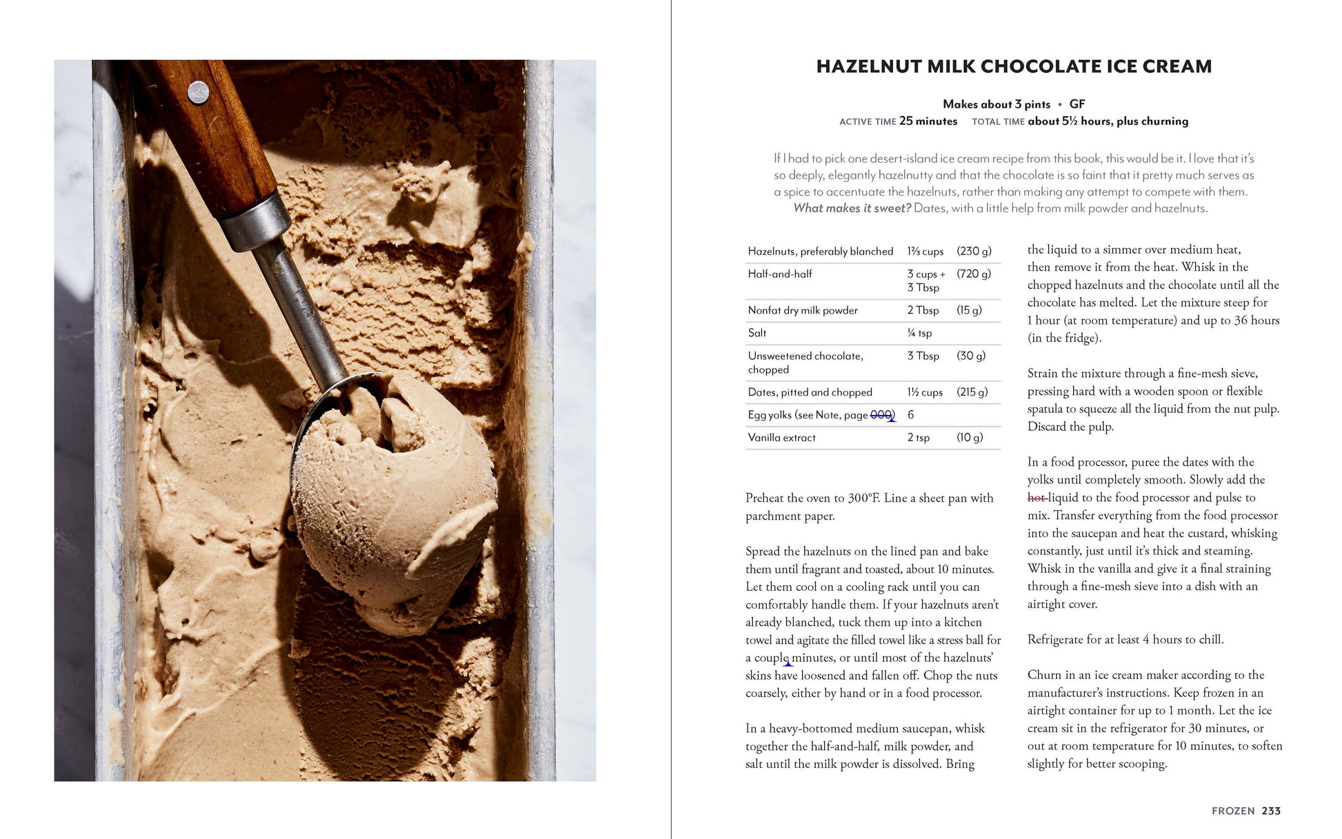 Ice cream scoop with hazelnut milk chocolate ice cream next to a recipe on a white background