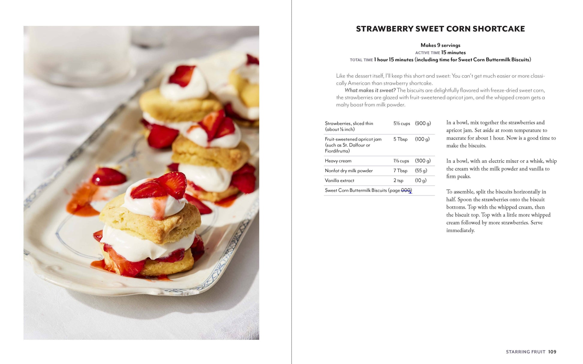 Strawberry sweet corn shortcake on a plate with a recipe on the side.
