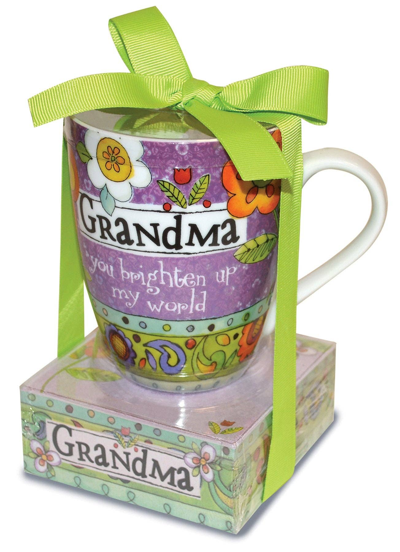 Colorful mug with floral design and text 'Grandma you brighten up my world' in a decorative box with a green ribbon.