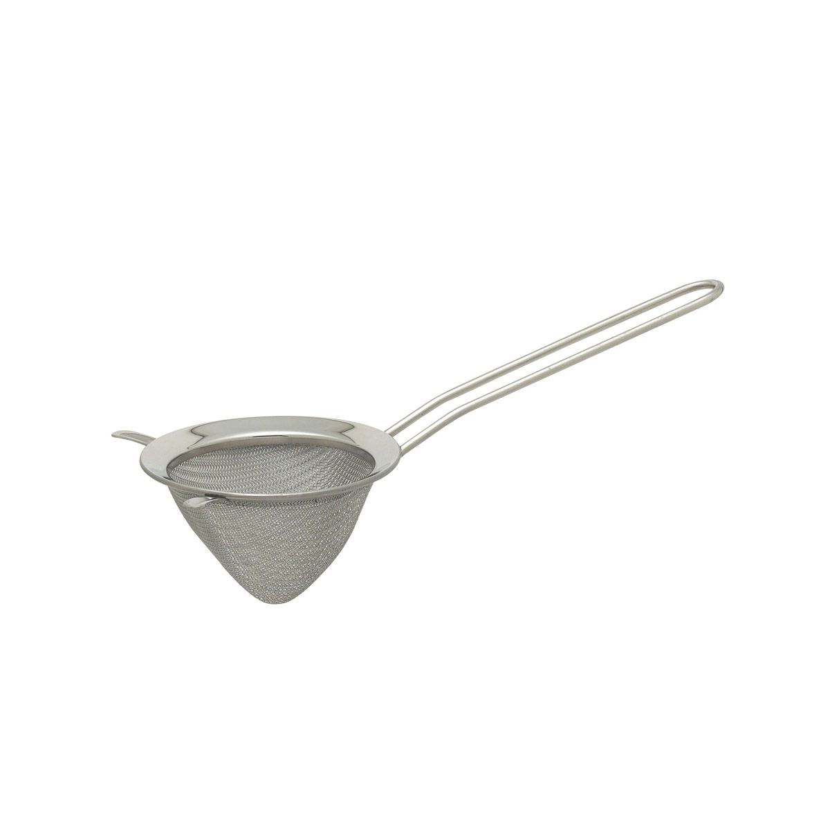 Metal mesh strainer with handle on a white background