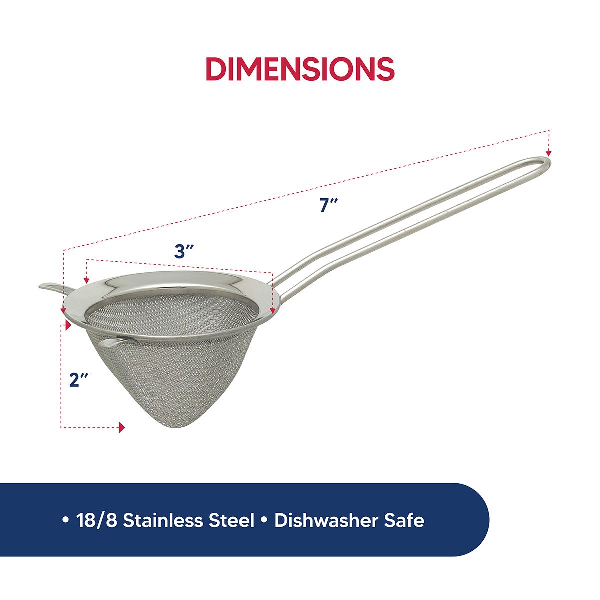 Stainless steel strainer with dimensions on a white background