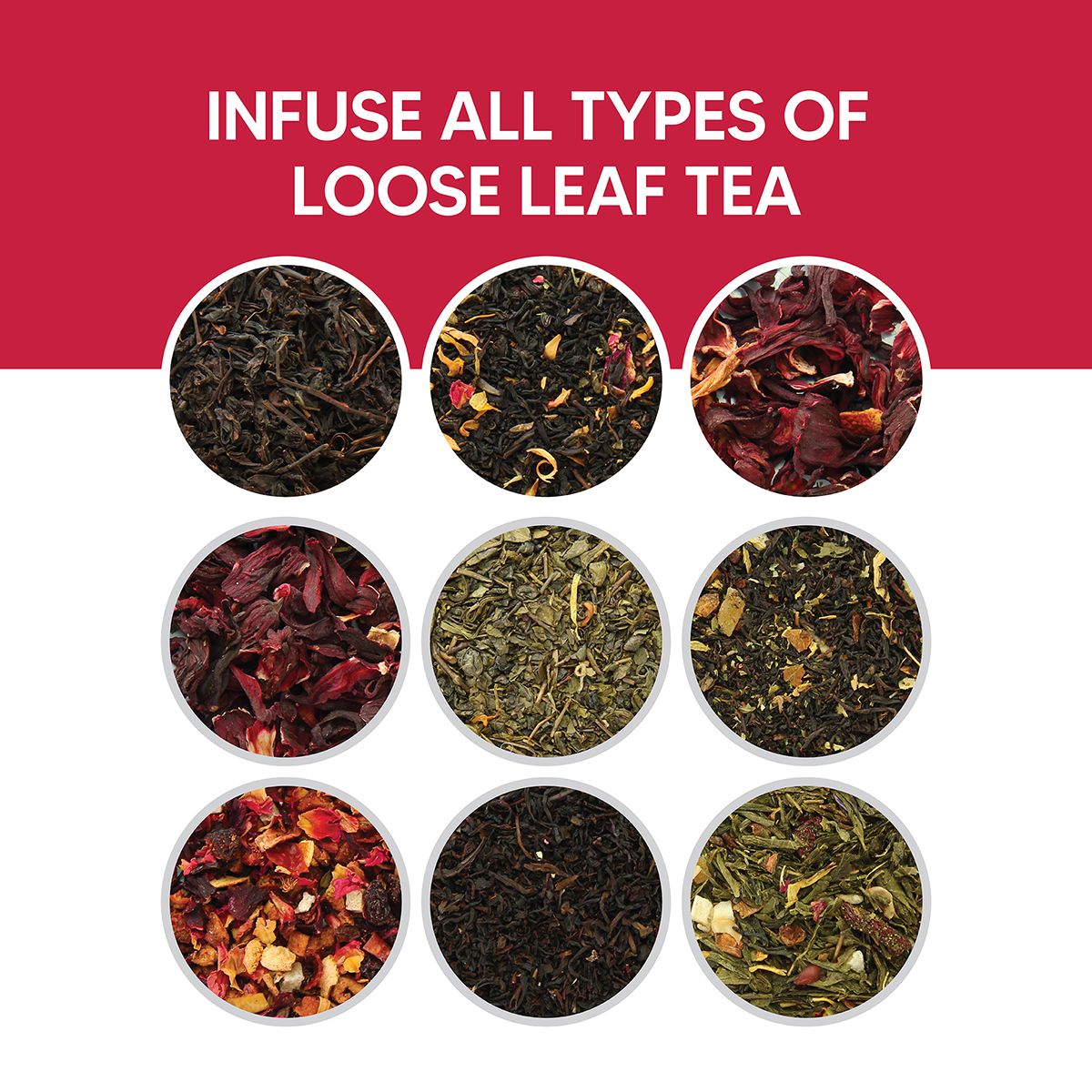 Assorted types of loose leaf tea in small white bowls with a red background and text.
