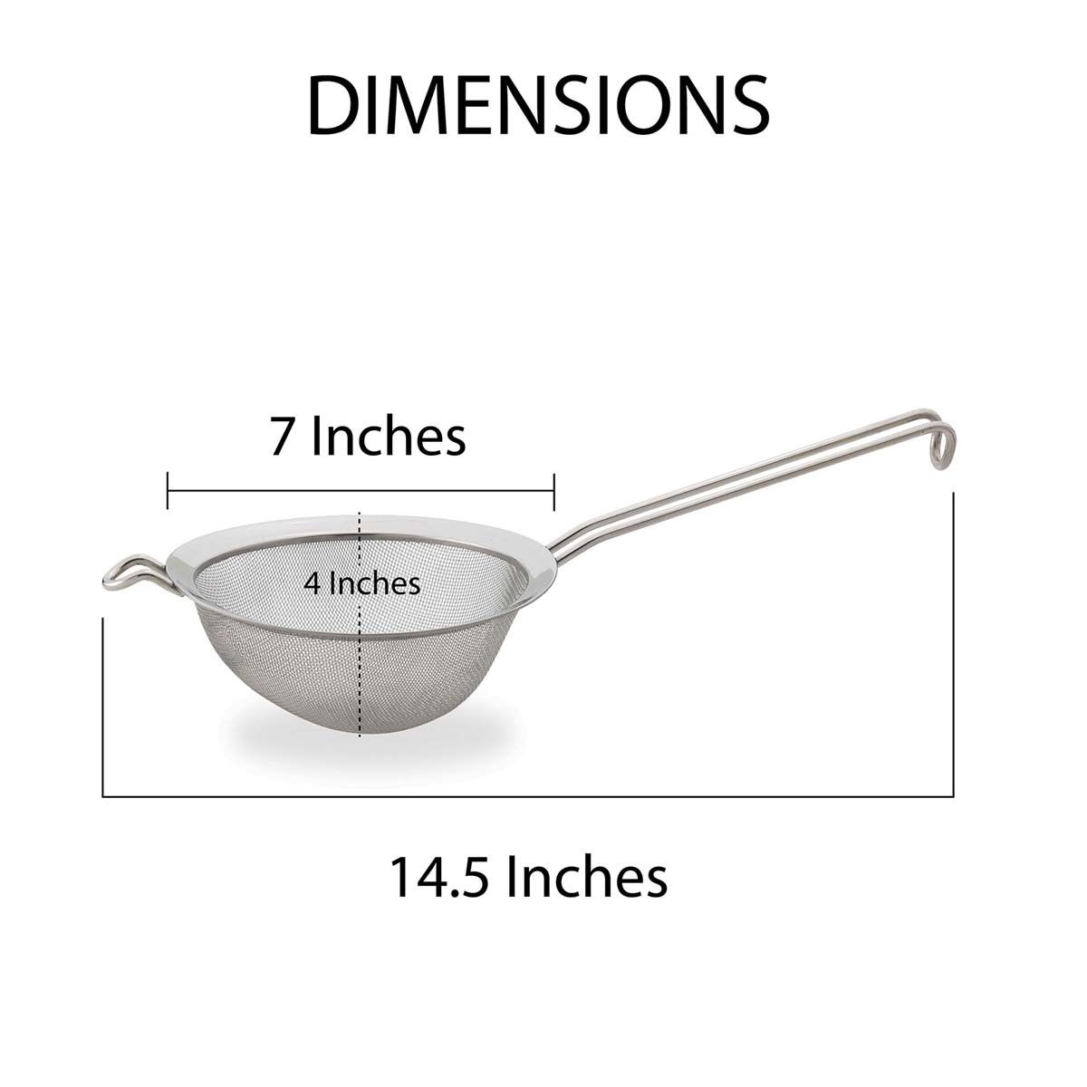 Stainless steel strainer with dimensions labeled on a white background