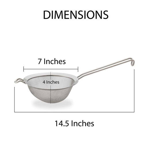 Stainless steel strainer with dimensions labeled on a white background