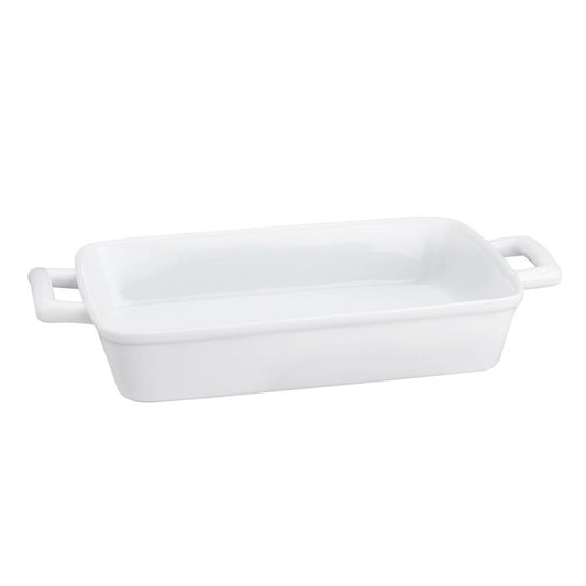 White rectangular ceramic baking dish on a white background
