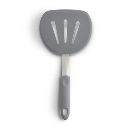 Gray slotted spatula on a white background