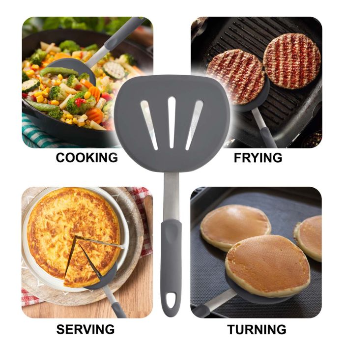 Gray slotted spatula with uses for cooking, frying, serving, and turning displayed around it.