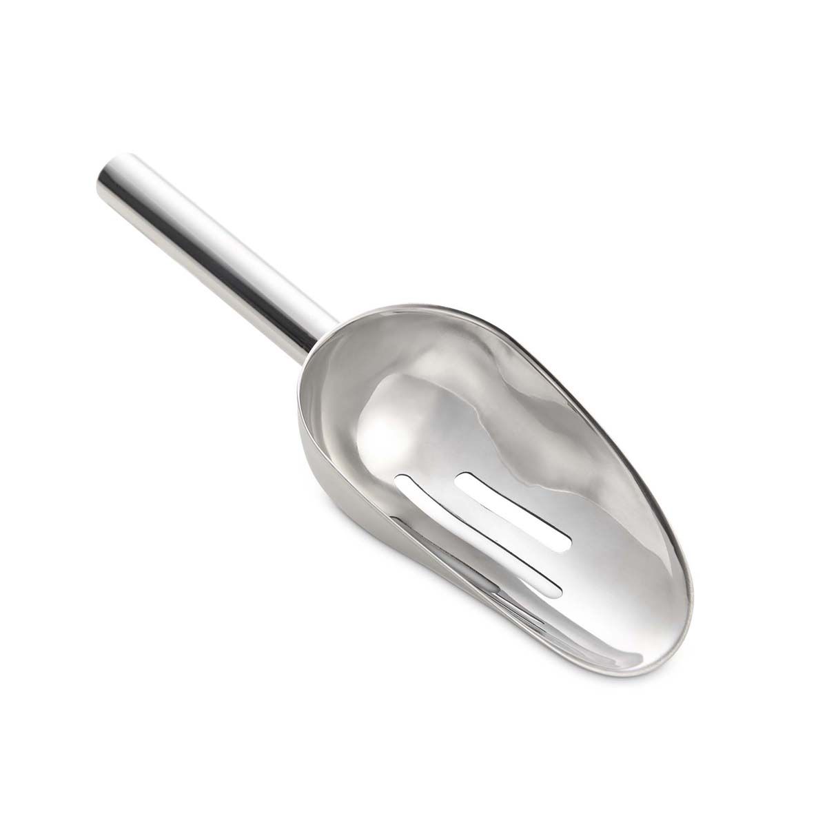 Stainless steel ice scoop on a white background