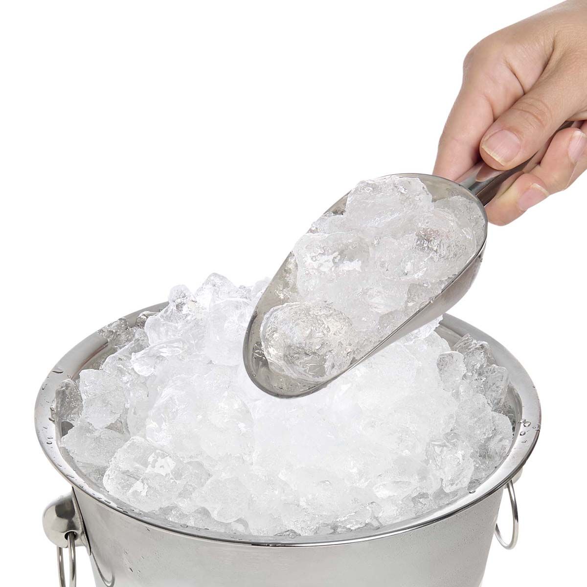 Hand using a scoop to take ice from a bucket on a white background