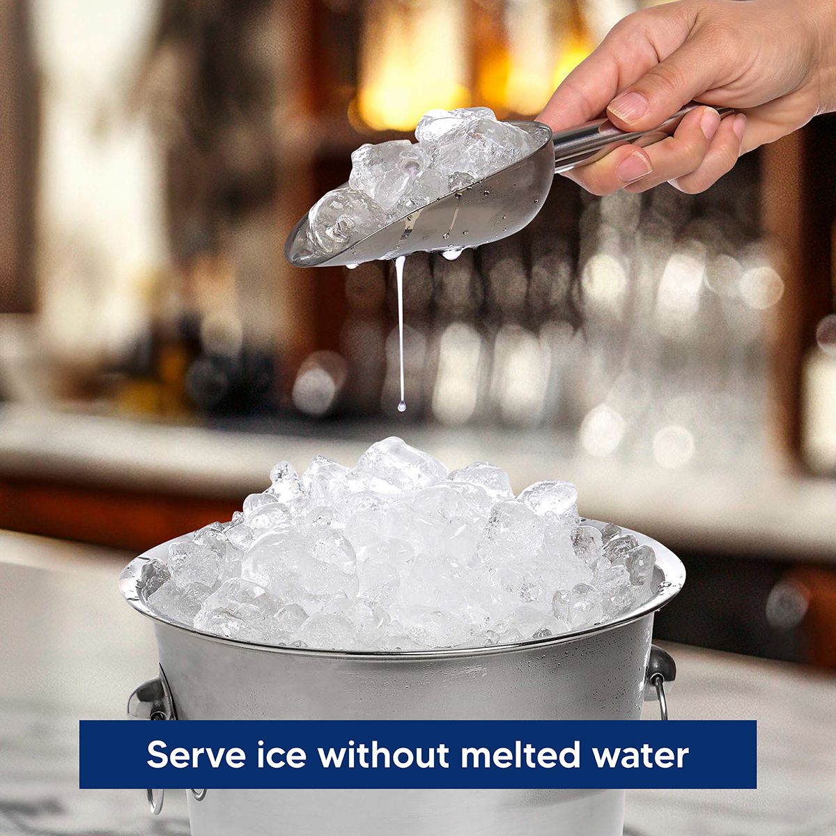 Person scooping ice from a bucket with a text overlay about serving ice without melted water.
