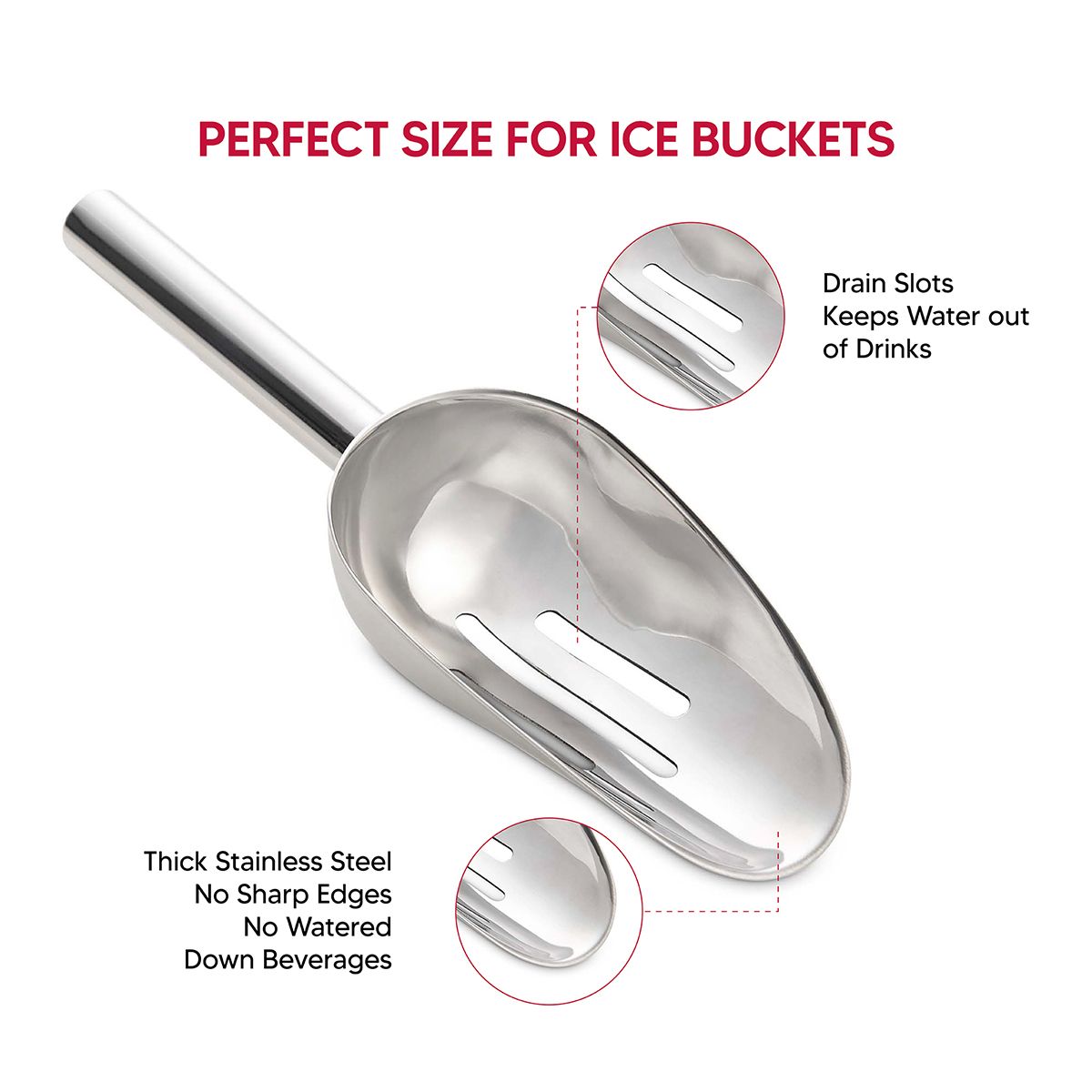 Stainless steel ice scoop with features highlighted on a white background