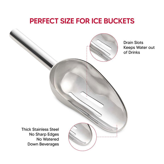 Stainless steel ice scoop with features highlighted on a white background