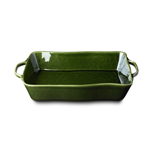 Green rectangular ceramic baking dish on a white background