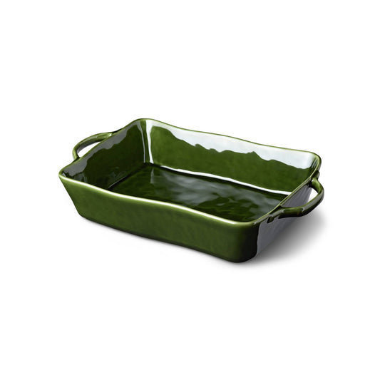 Green ceramic baking dish with handles on a white background