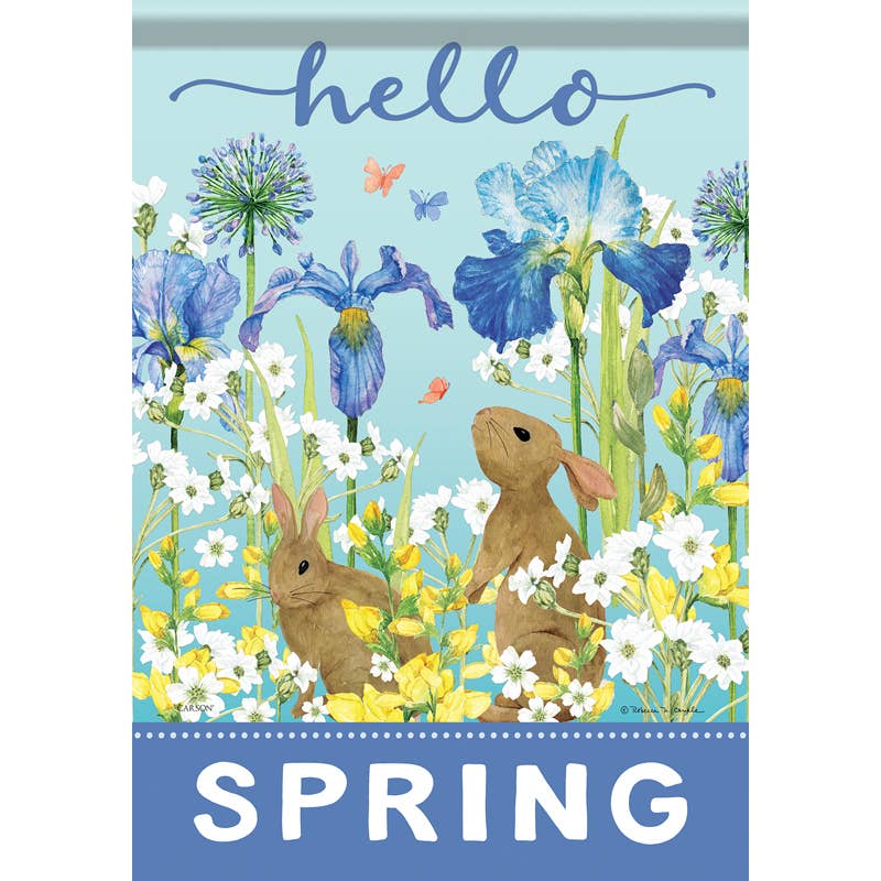 A garden flag with the words 'Hello SPRING' at the bottom, featuring an illustration of two rabbits, various flowers, and the words 'Hello' written in a cursive font at the top.