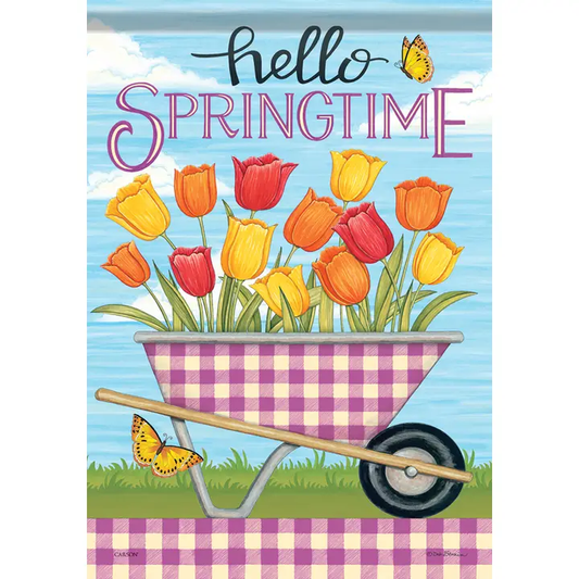 A garden flag with a wheelbarrow full of colorful tulips and the text 'hello Springtime' on it.