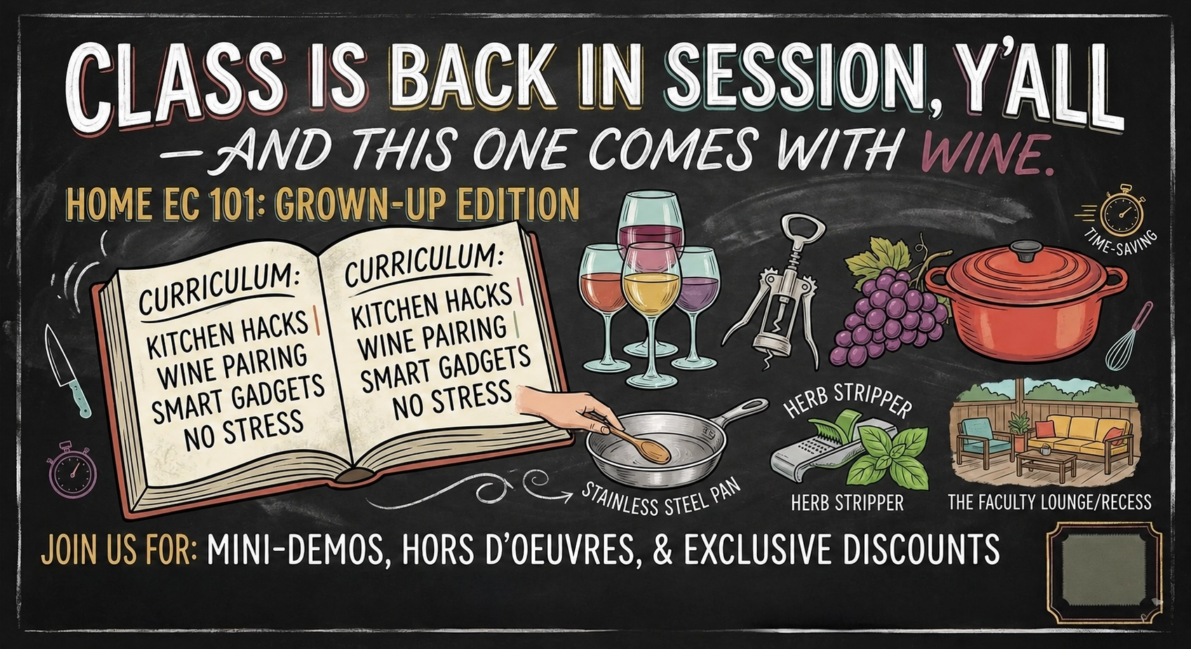 Promotional poster for a 'grown-up edition' of a home economics class with wine-themed content.