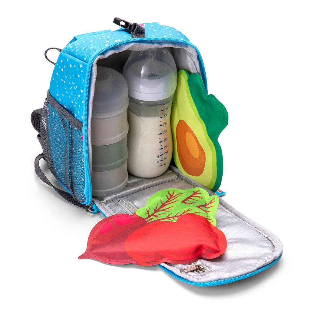 Open blue backpack with baby bottles, icepadz ice packs, and toy inside on a white background