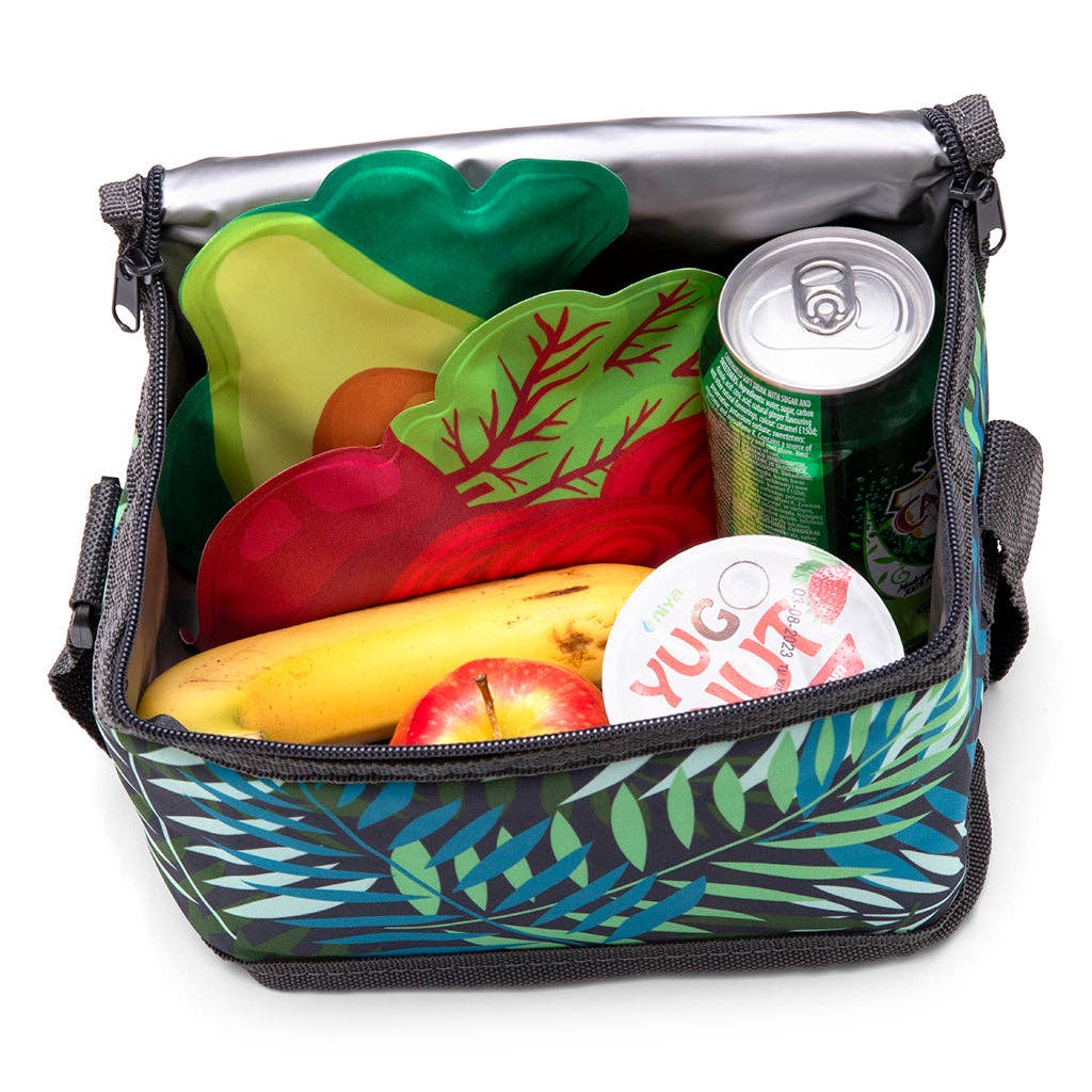  insulated lunch bag with colorful design filled with food items on a white background