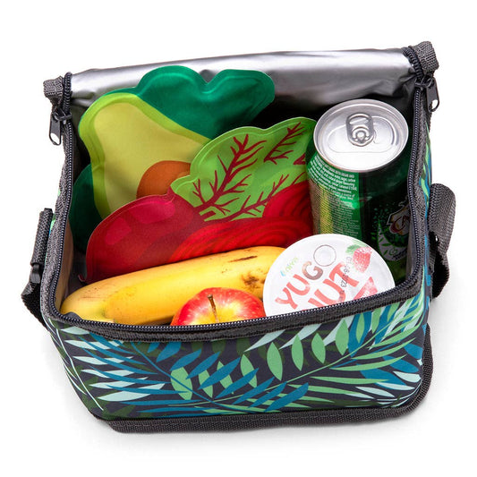  insulated lunch bag with colorful design filled with food items on a white background