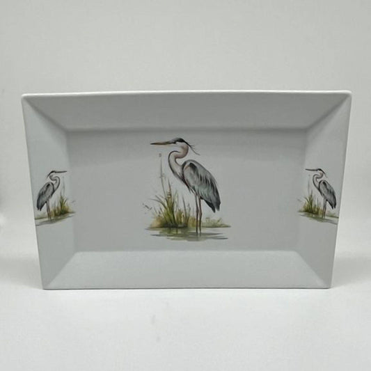 Rectangular tray with heron design on a white background