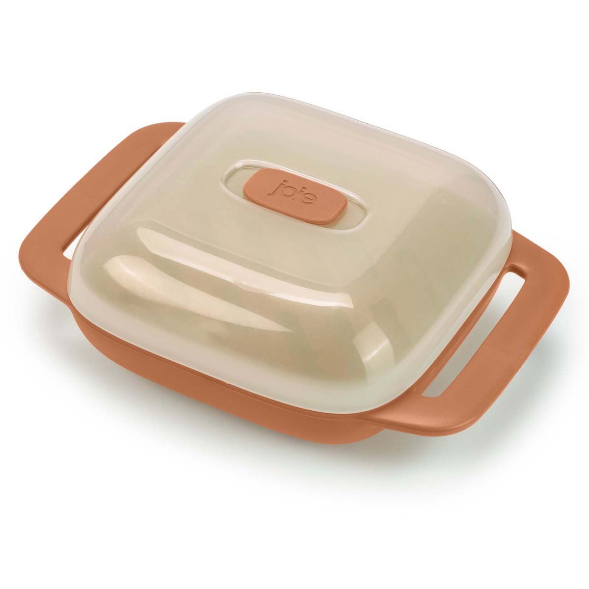 Rectangular potato baking dish with handles and a lid on a white background