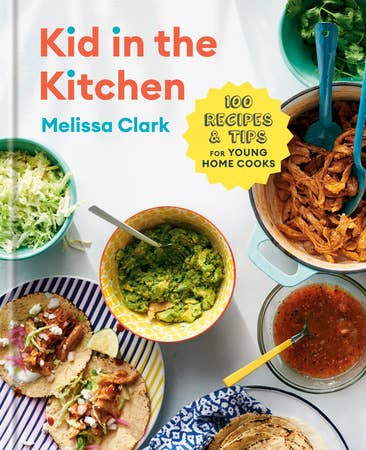 Book cover of 'Kid in the Kitchen' by Melissa Clark with food images on a white background