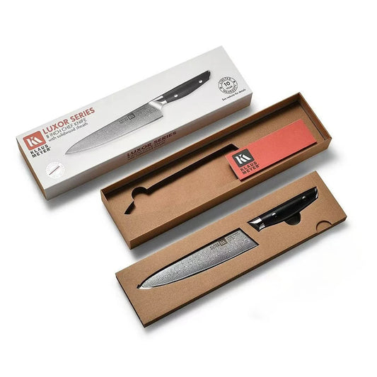 Klaus Meyer Luxor Damascus Chef Knife in box with packaging.