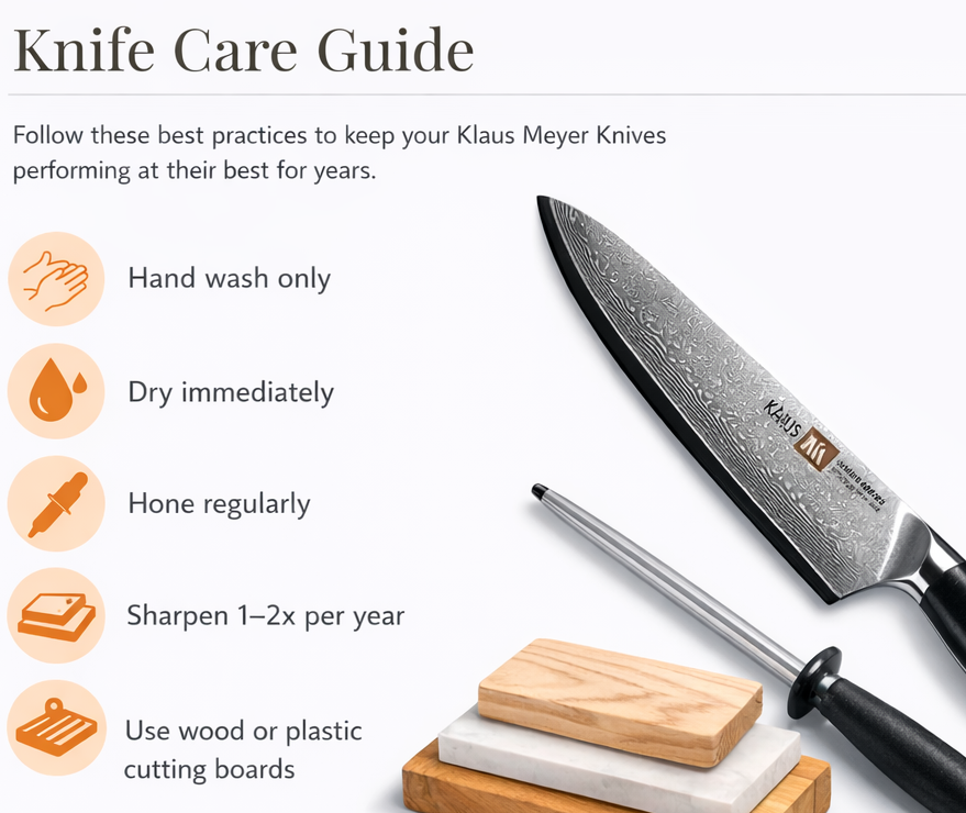 Klaus Meyer Knife care guide with a knife and sharpening stone on a white background