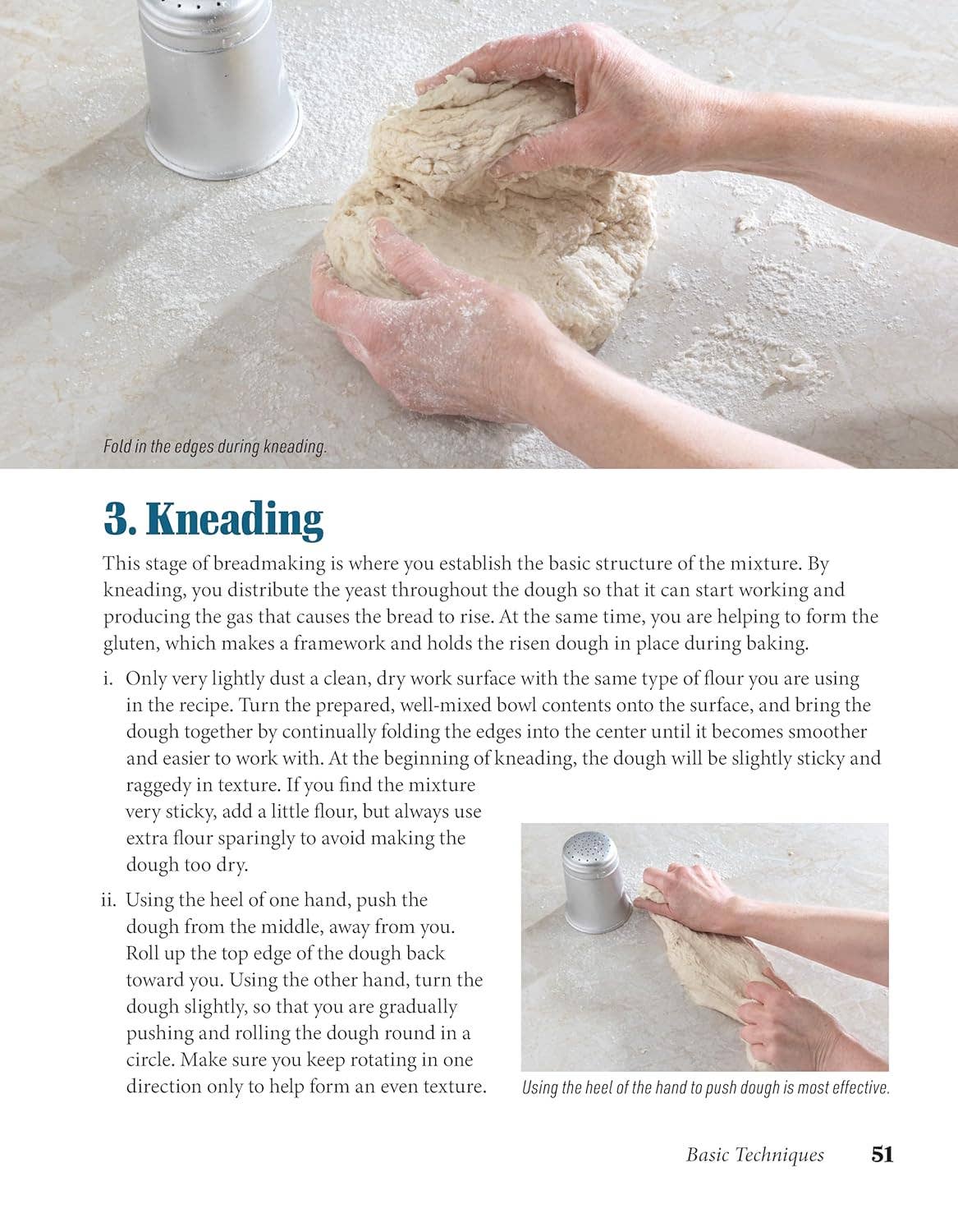 Person kneading dough with text on bread-making techniques