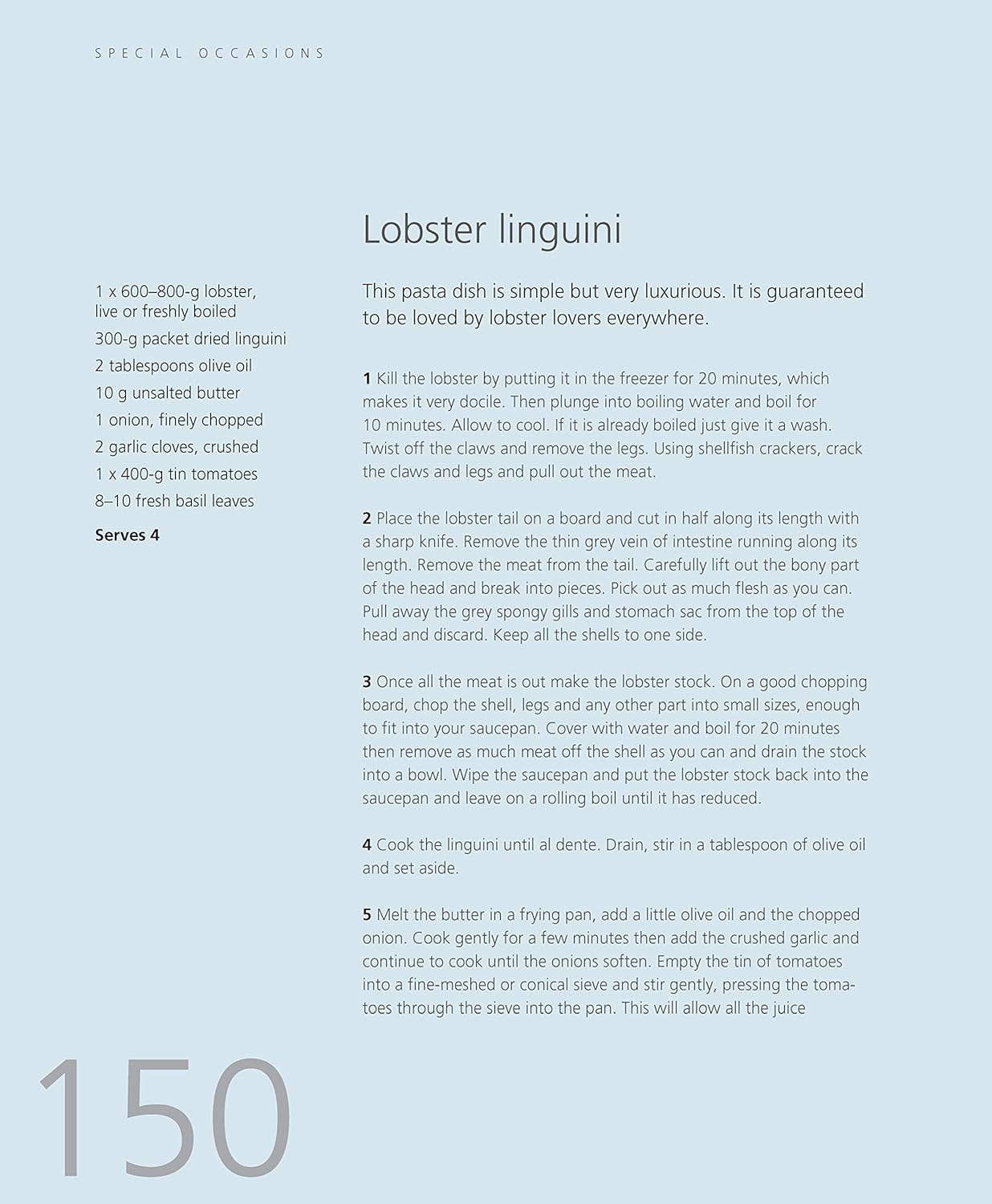 Recipe card for lobster linguini with text and a number '150' on a light gray background