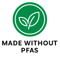 Logo indicating 'Made Without PFAS' with a green circle and leaf symbol.