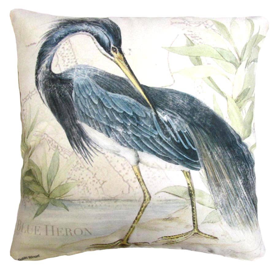Decorative pillow with a blue heron design on a white background