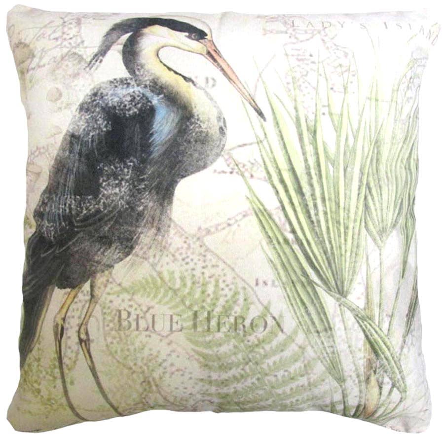 Decorative pillow with a heron design and 'Blue Heron' text on a white background