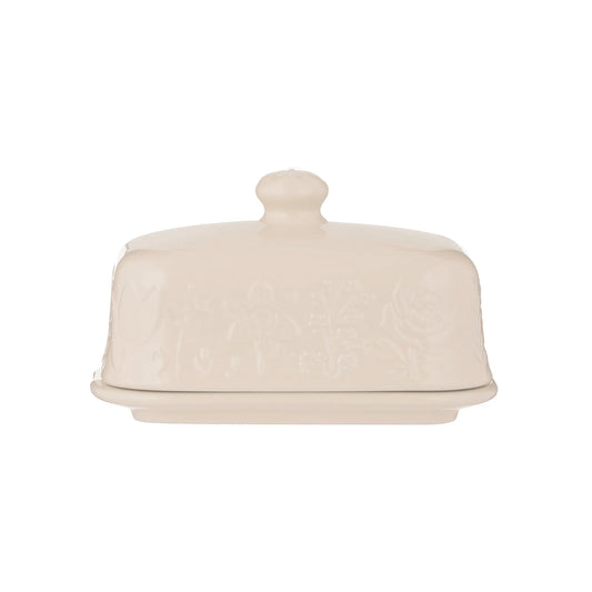 Beige ceramic dish with lid on a white background