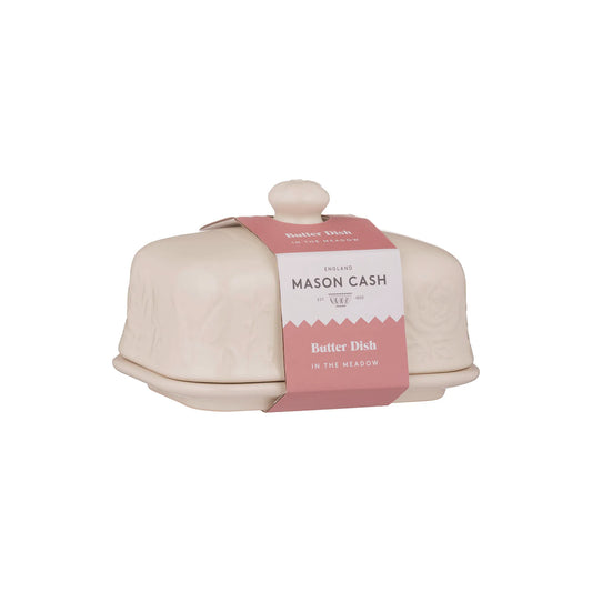 Mason Cash In The Meadow Beige butter dish with pink label on a white background