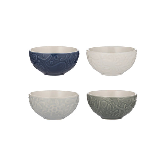 Four ceramic bowls in different colors on a white background