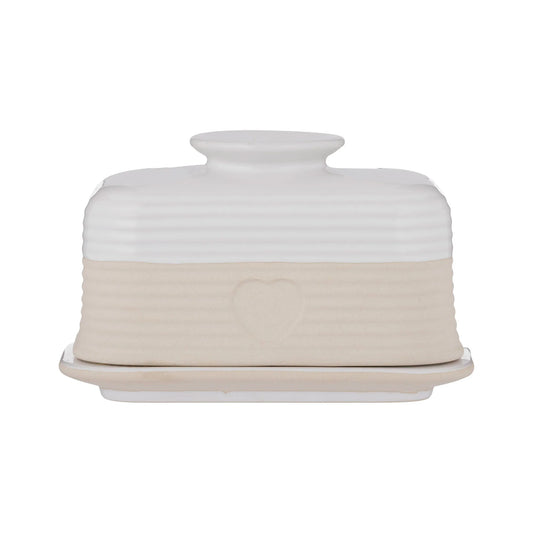 White and beige butter dish from Mason Cash
