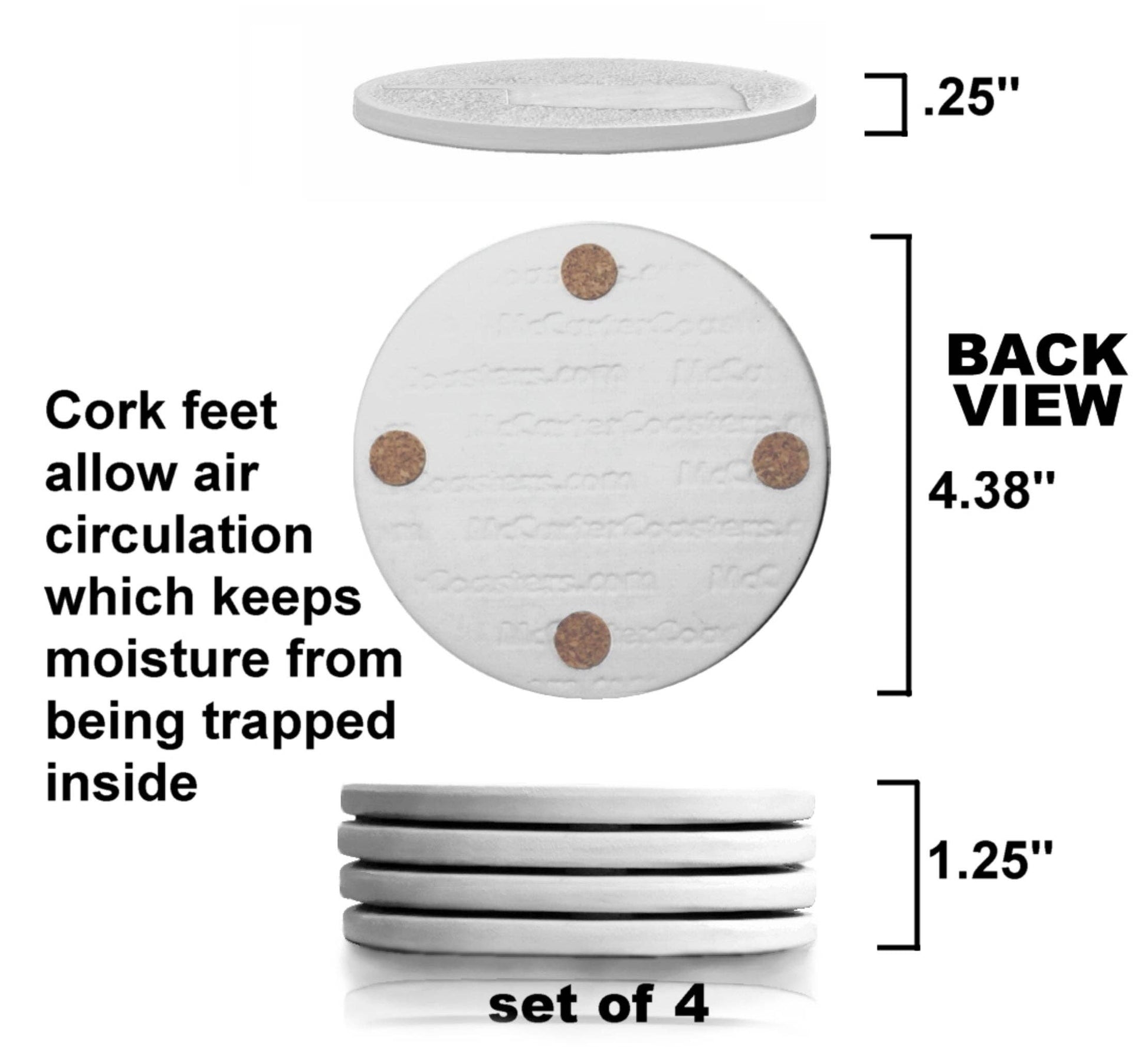White round coasters with cork feet, showing back view and dimensions.