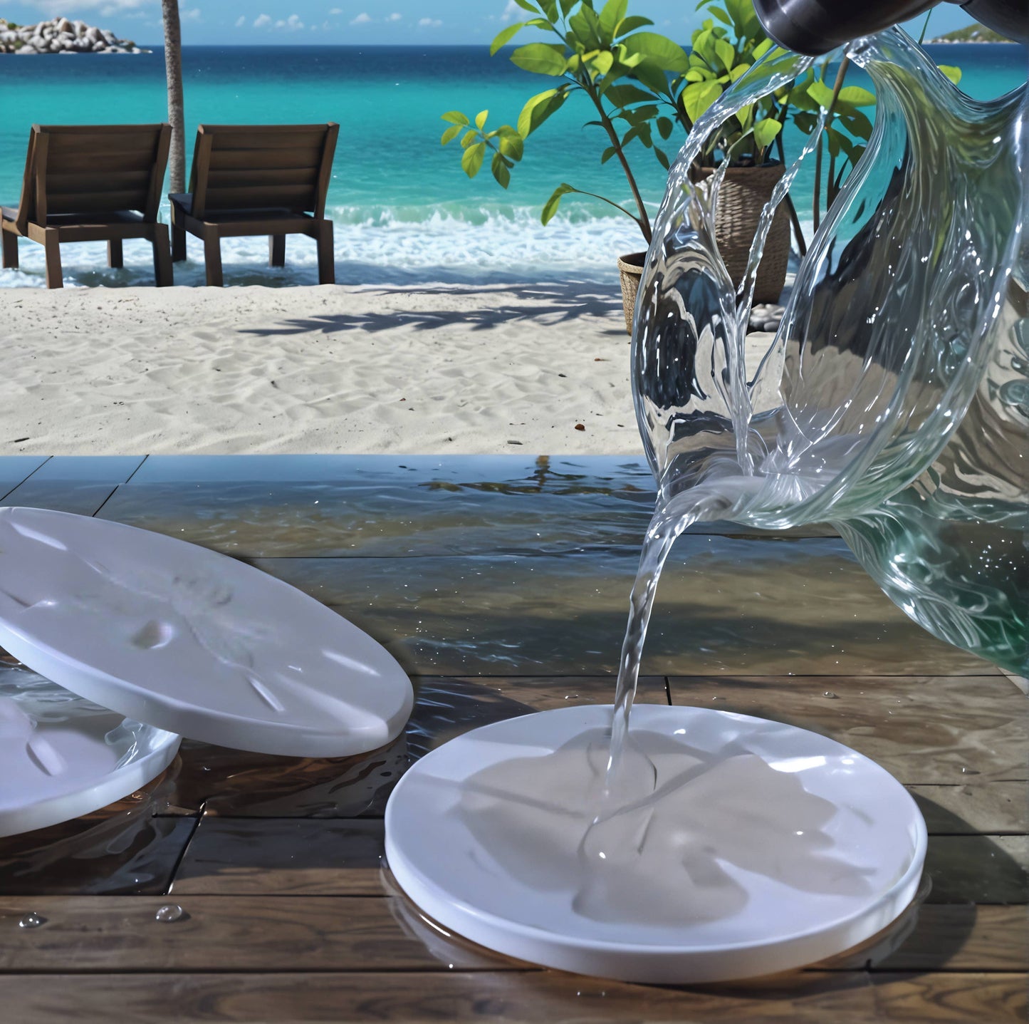Pouring water on white coaster