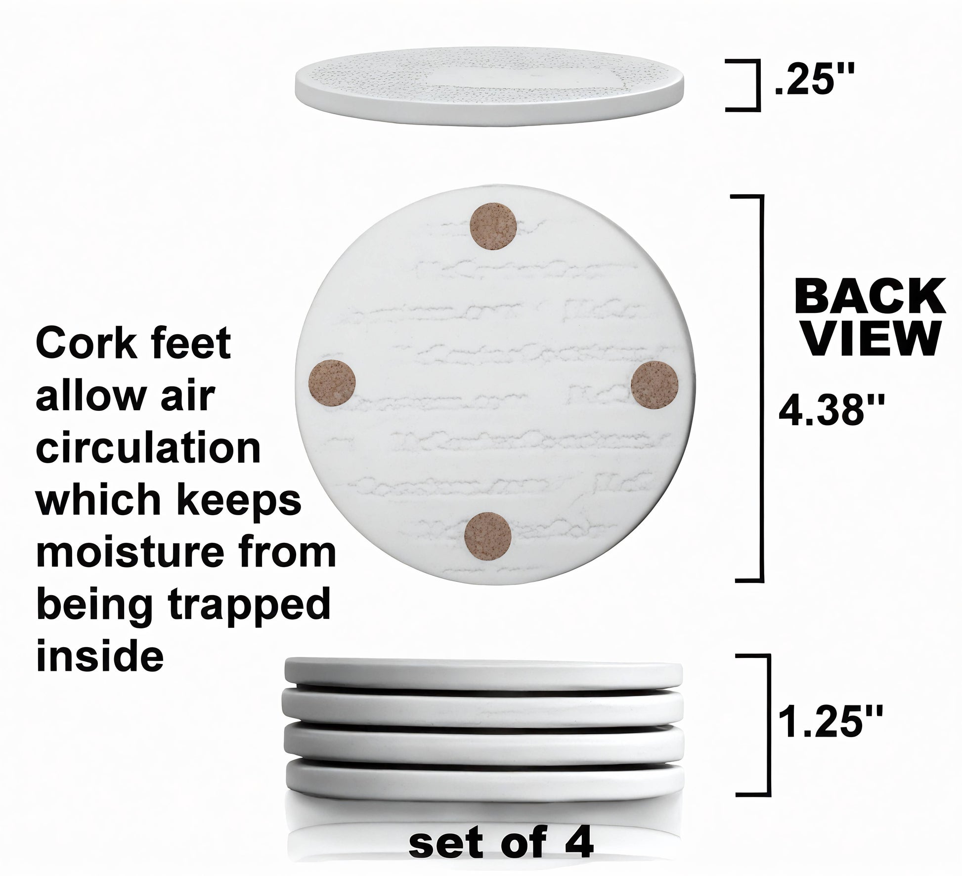 White round coasters with cork feet, set of 4, showing back view and dimensions.