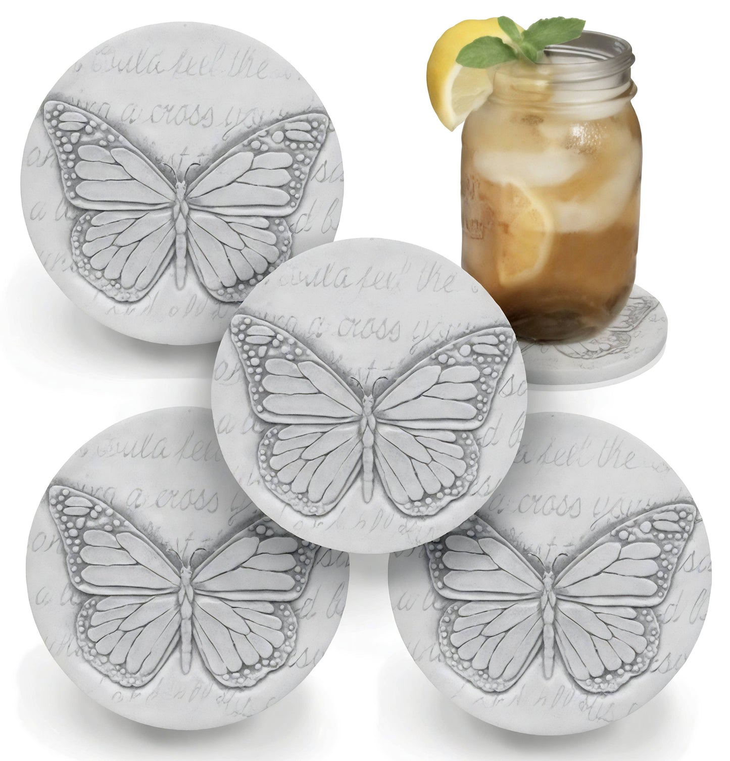 Butterfly coasters with a drink in the background
