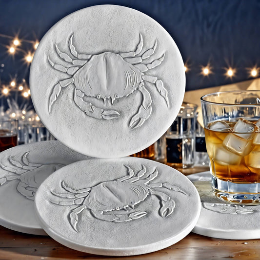 White crab coasters on a table with drinks in the background
