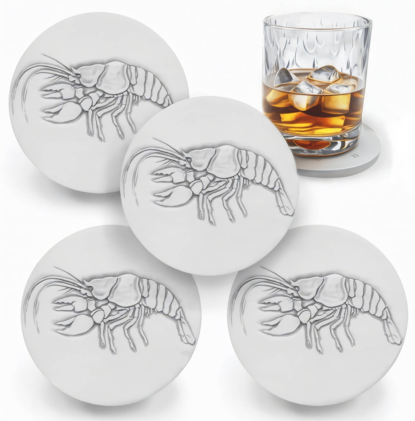 Set of four crawfish-shaped coasters on a white surface with a glass of whiskey.