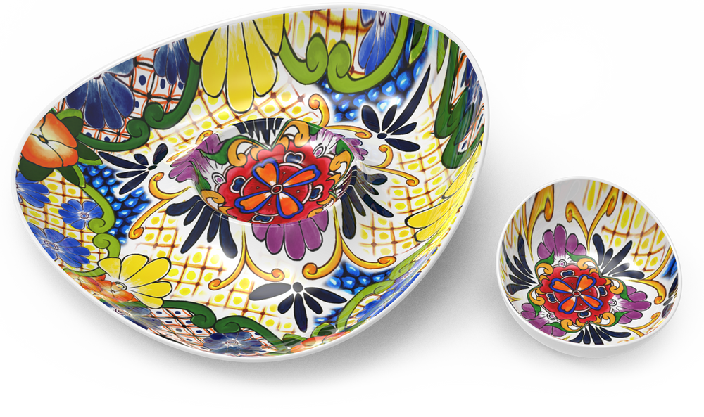 Colorful melamine bowls with floral patterns on a white background