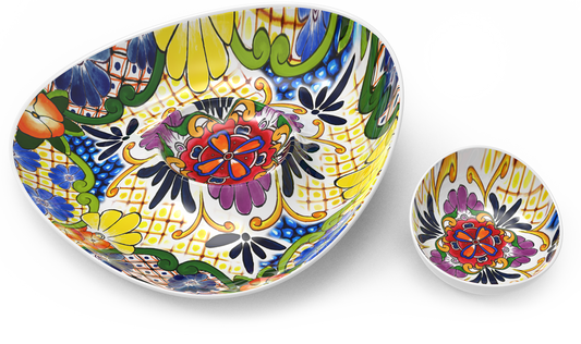 Colorful melamine bowls with floral patterns on a white background