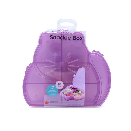 Purple cat-shaped snack box with a clear lid on a white background