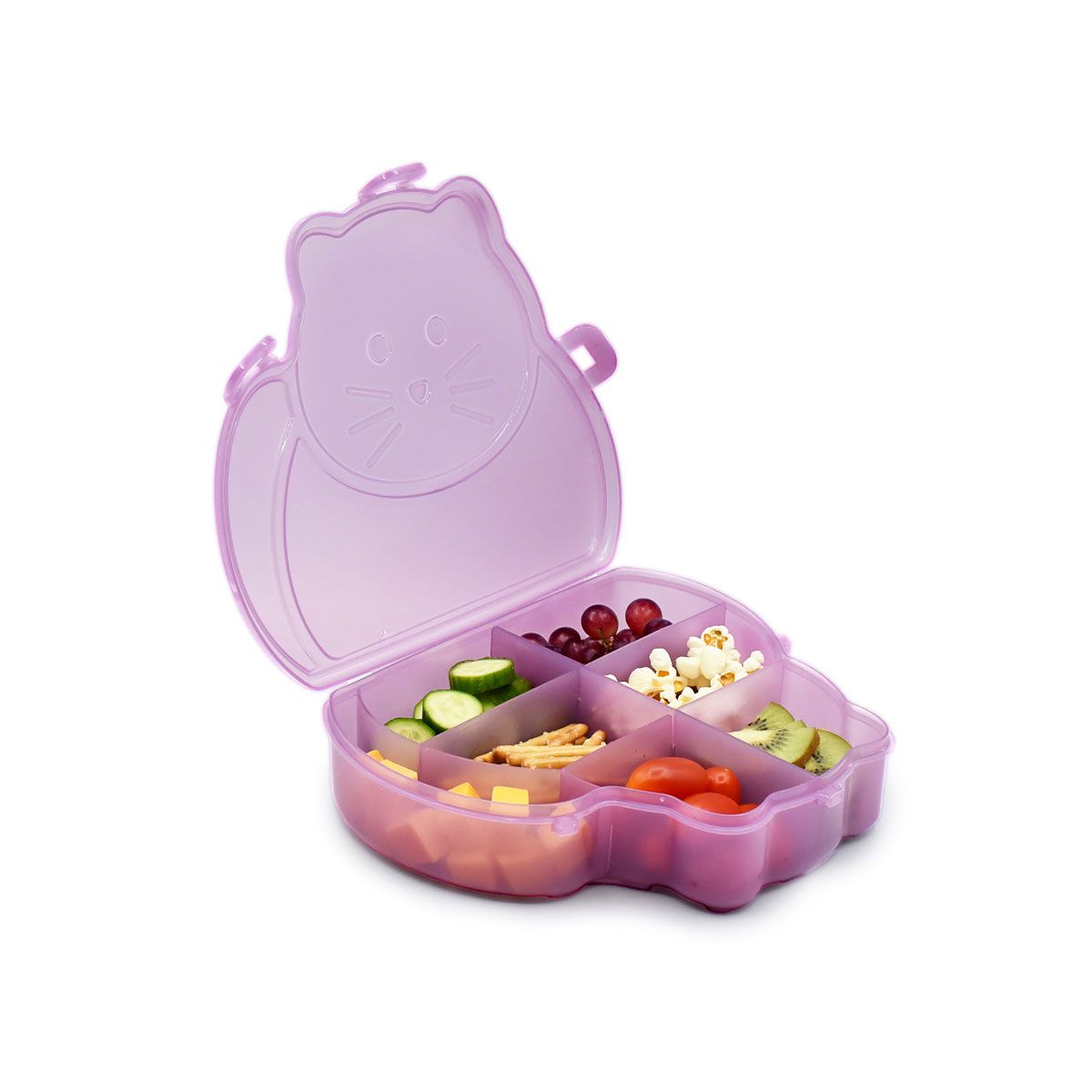 Purple animal-shaped lunch box with compartments filled with snacks on a white background