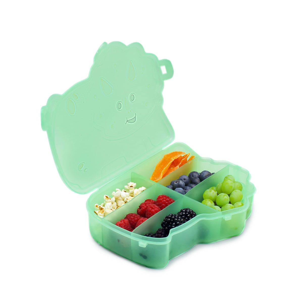 Green children's snack box with compartments filled with snacks on a white background