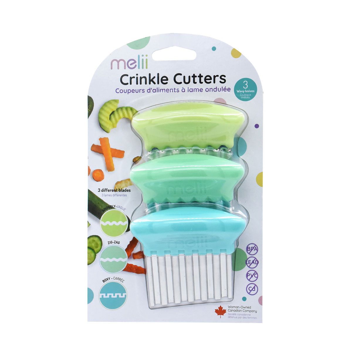 Packaging of melili Crinkle Cutters with three different blades on a white background.